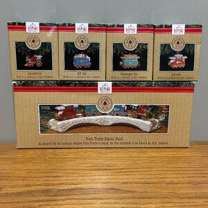 Hallmark 1991 Claus & Co. R.R. Four Train Car Ornament Set with Train Trestle